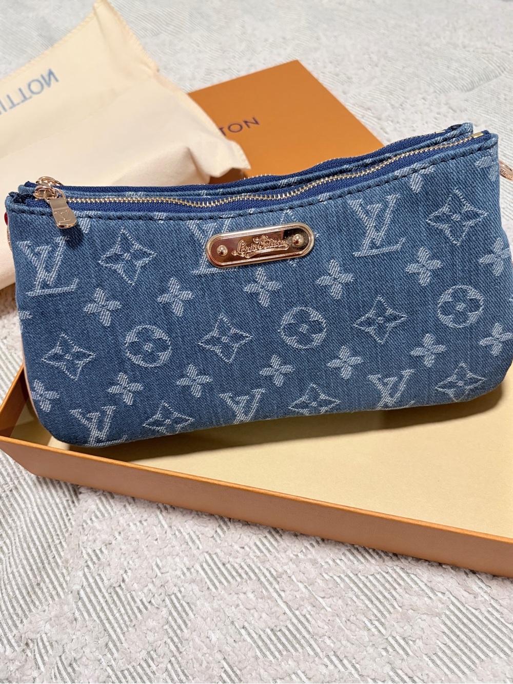 Blue Denim Monogram Zip double Pouch with Straps & Gold Plaque